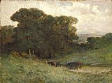 Bridge Wall Art - forest scene with bridge, cows in stream in foreground